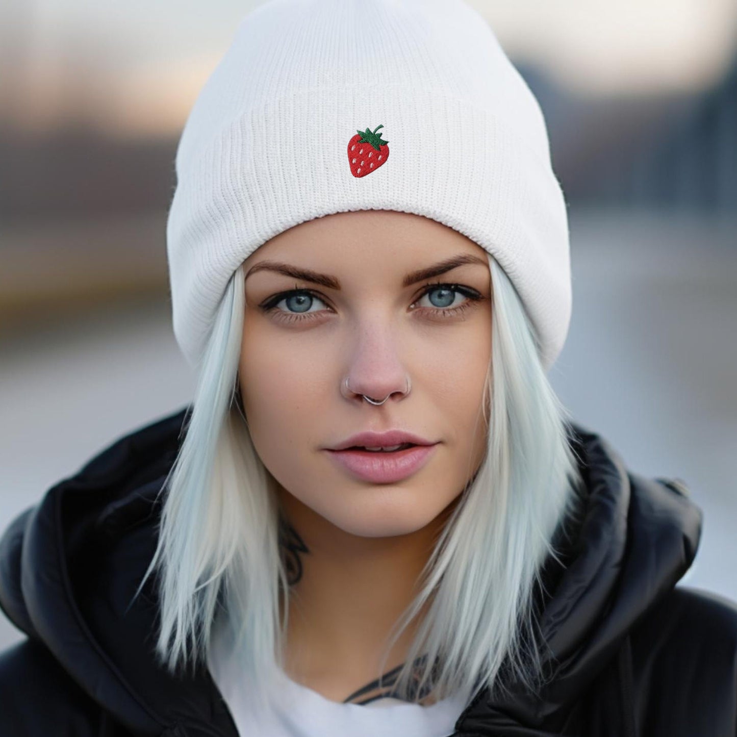 Embroidered Strawberry Beanie: Mini Fruit Skull Hat