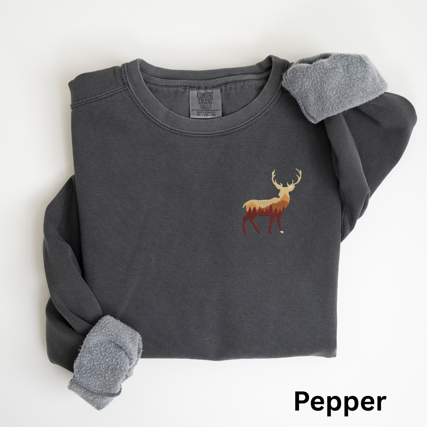 Embroidered Buck Sweatshirt: Garment-Dyed Hunter Crewneck