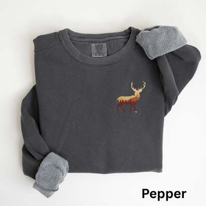 Embroidered Buck Sweatshirt: Garment-Dyed Hunter Crewneck