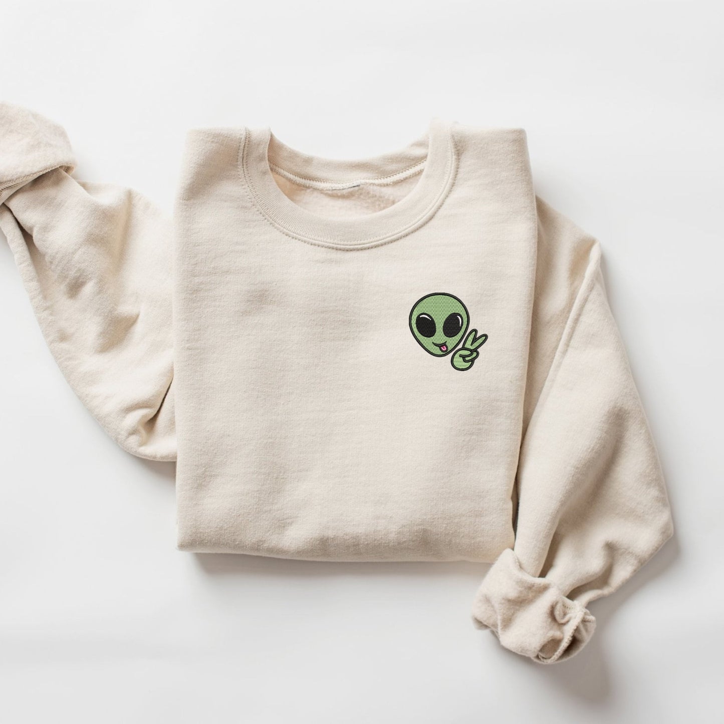 Embroidered Alien Peace Sign Sweatshirt: Cosmic Crewneck Pullover