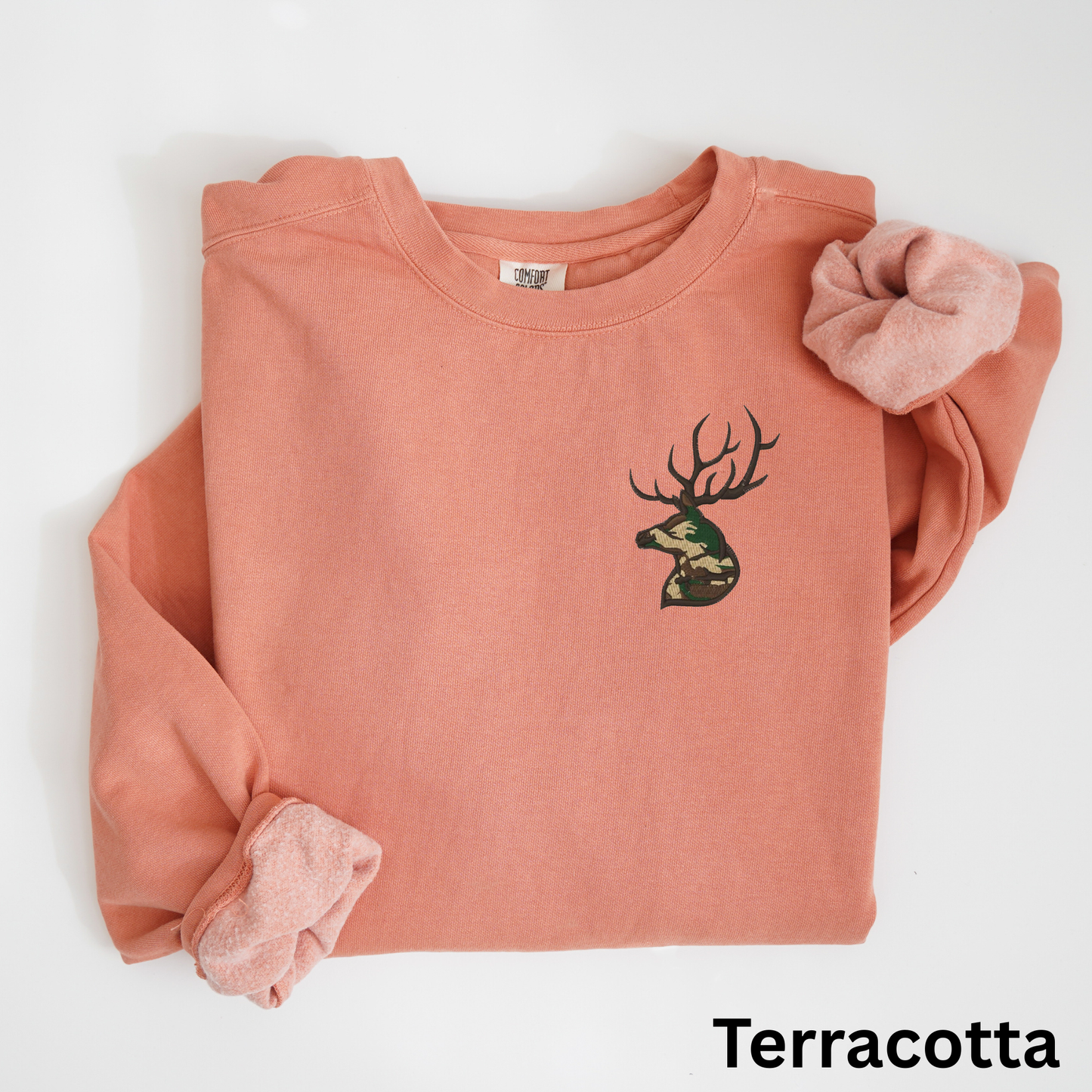 Embroidered Deer Sweatshirt: Camo Buck Crewneck Pullover