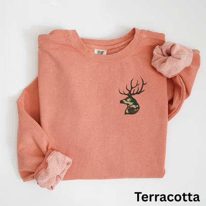 Embroidered Deer Sweatshirt: Camo Buck Crewneck Pullover