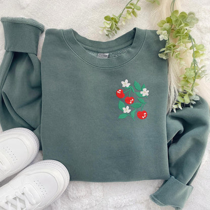 Embroidered Floral Cherry Sweatshirt: Pigment-Dyed Coquette Crewneck