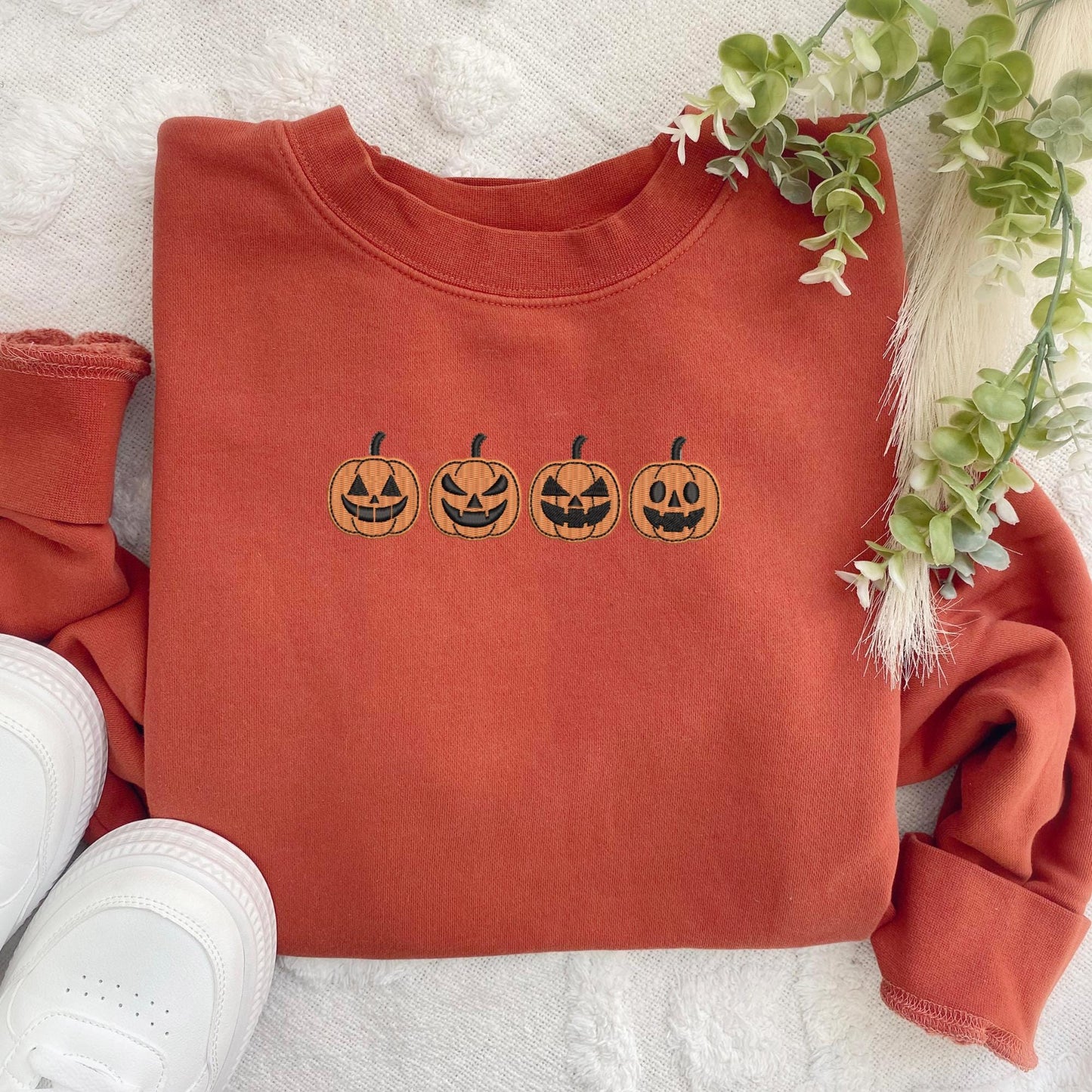Embroidered Jack O'Lantern Sweatshirt: Pigment Dyed Halloween Pumpkins Pullover