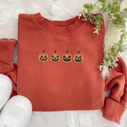 Embroidered Jack O'Lantern Sweatshirt: Pigment Dyed Halloween Pumpkins Pullover