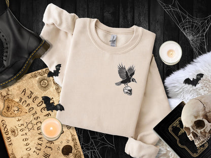 Embroidered Raven Skull Sweatshirt on Gildan: Unisex Gothic Halloween Pullover