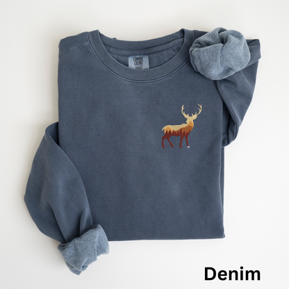 Embroidered Buck Sweatshirt: Garment-Dyed Hunter Crewneck