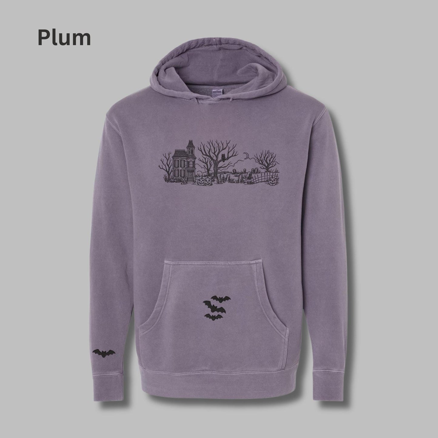 Embroidered Haunted House Hoodie with Bat Sleeve and Kangaroo Pocket: Pigment-Dyed Halloween Pullover