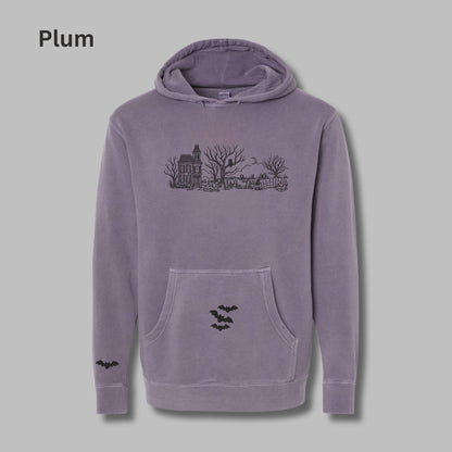 Embroidered Haunted House Hoodie with Bat Sleeve and Kangaroo Pocket: Pigment-Dyed Halloween Pullover