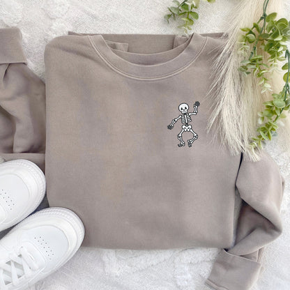 Embroidered Dancing Skeleton Sweatshirt: Pigment Dyed Halloween Pullover