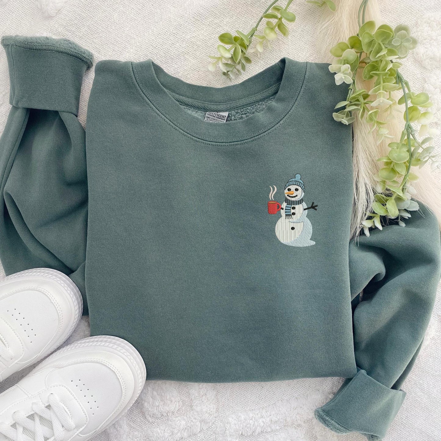 Embroidered Coffee Drinking Snowman Crewneck Sweatshirt: Trendy High Quality Pigment Dyed Pullover