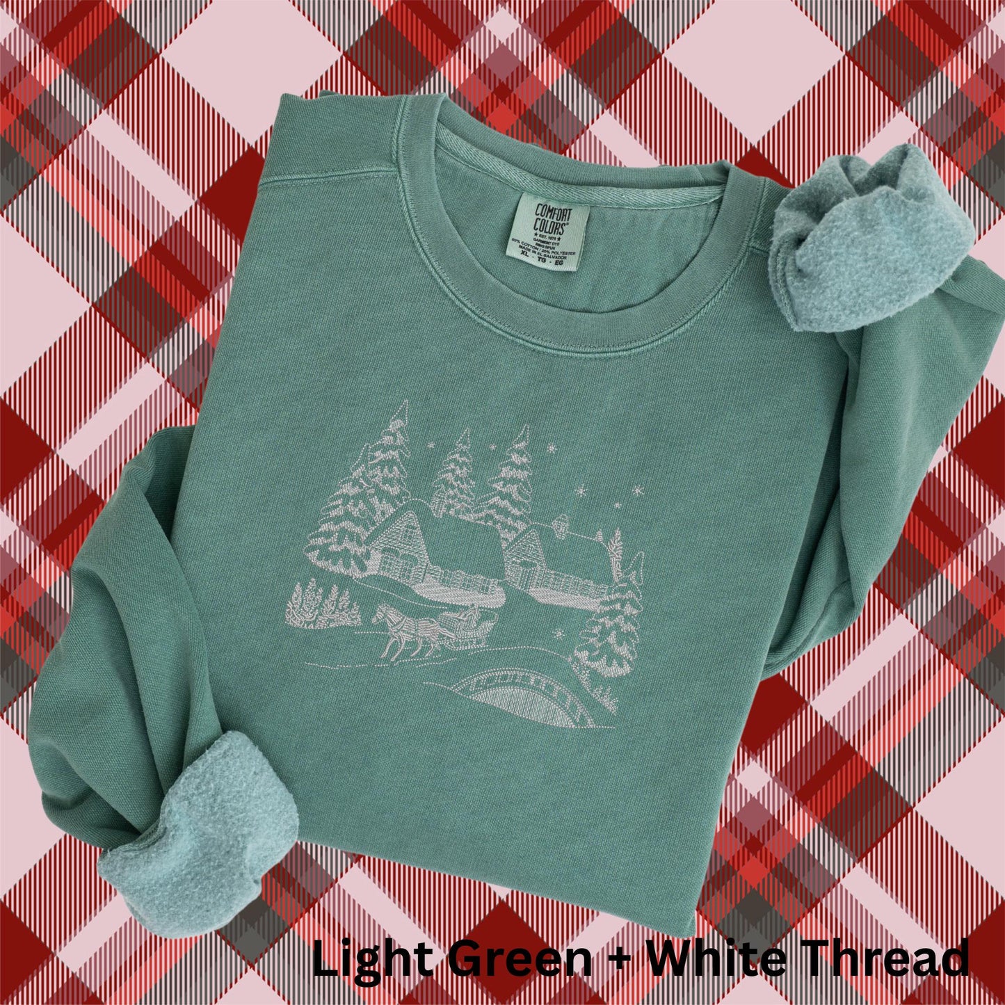 Embroidered Winter Scene Crewneck Sweatshirt: Stitched Christmas Village Pigment-Dyed Pullover