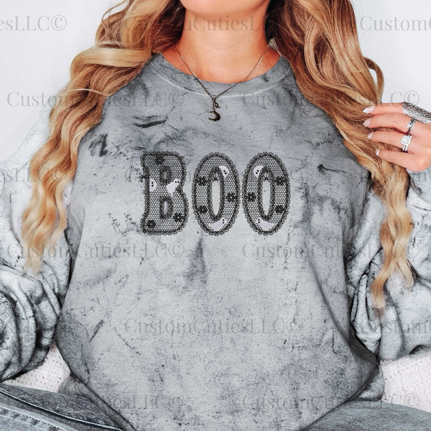 Embroidered Lacey Boo Crewneck Sweatshirt: Pigment Dyed Halloween Coquette Sweater