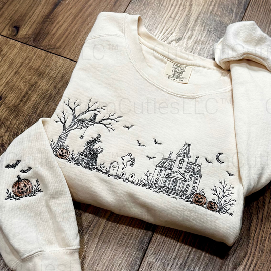 Embroidered Haunted Manor Halloween Crewneck Sweatshirt: Pigment Dyed Sketched Line Art Pullover