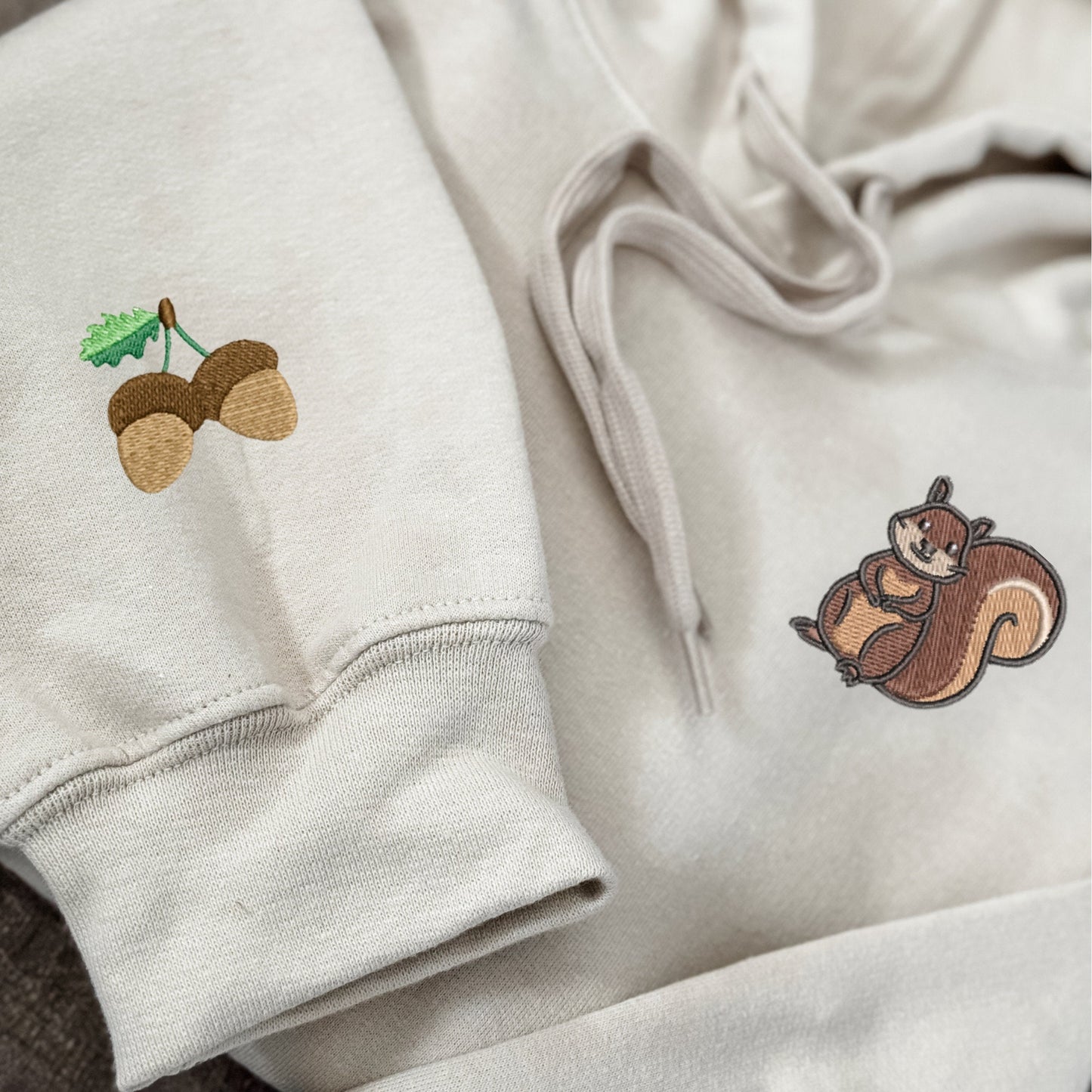 Embroidered Squirrel Hoodie: Acorn Sleeve, Animal Lover Gift