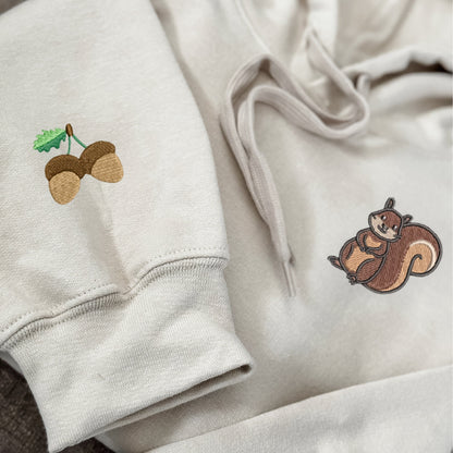 Embroidered Squirrel Hoodie: Acorn Sleeve, Animal Lover Gift