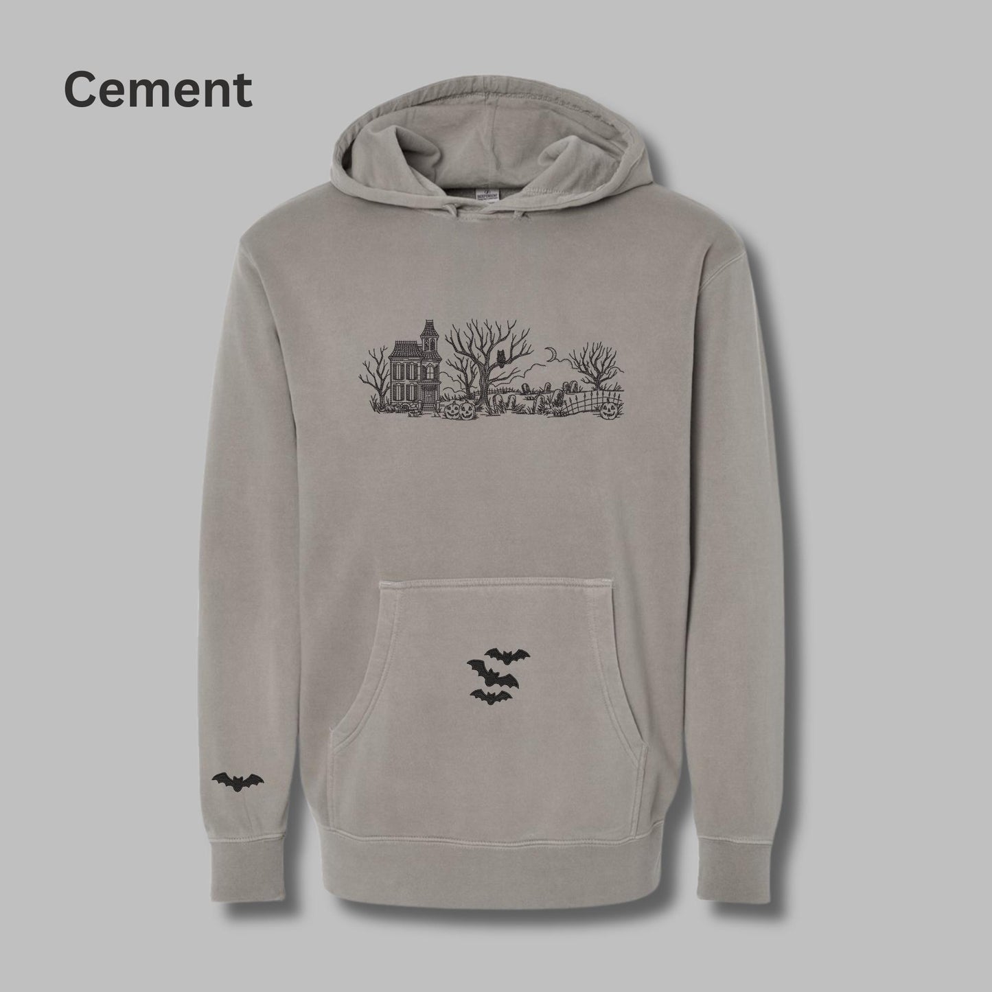Embroidered Haunted House Hoodie with Bat Sleeve and Kangaroo Pocket: Pigment-Dyed Halloween Pullover