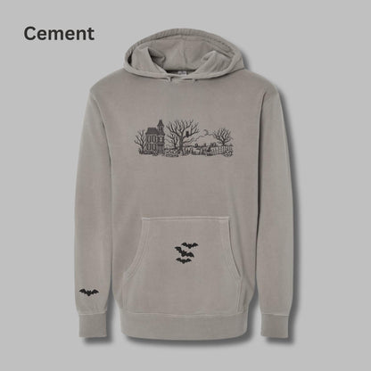 Embroidered Haunted House Hoodie with Bat Sleeve and Kangaroo Pocket: Pigment-Dyed Halloween Pullover