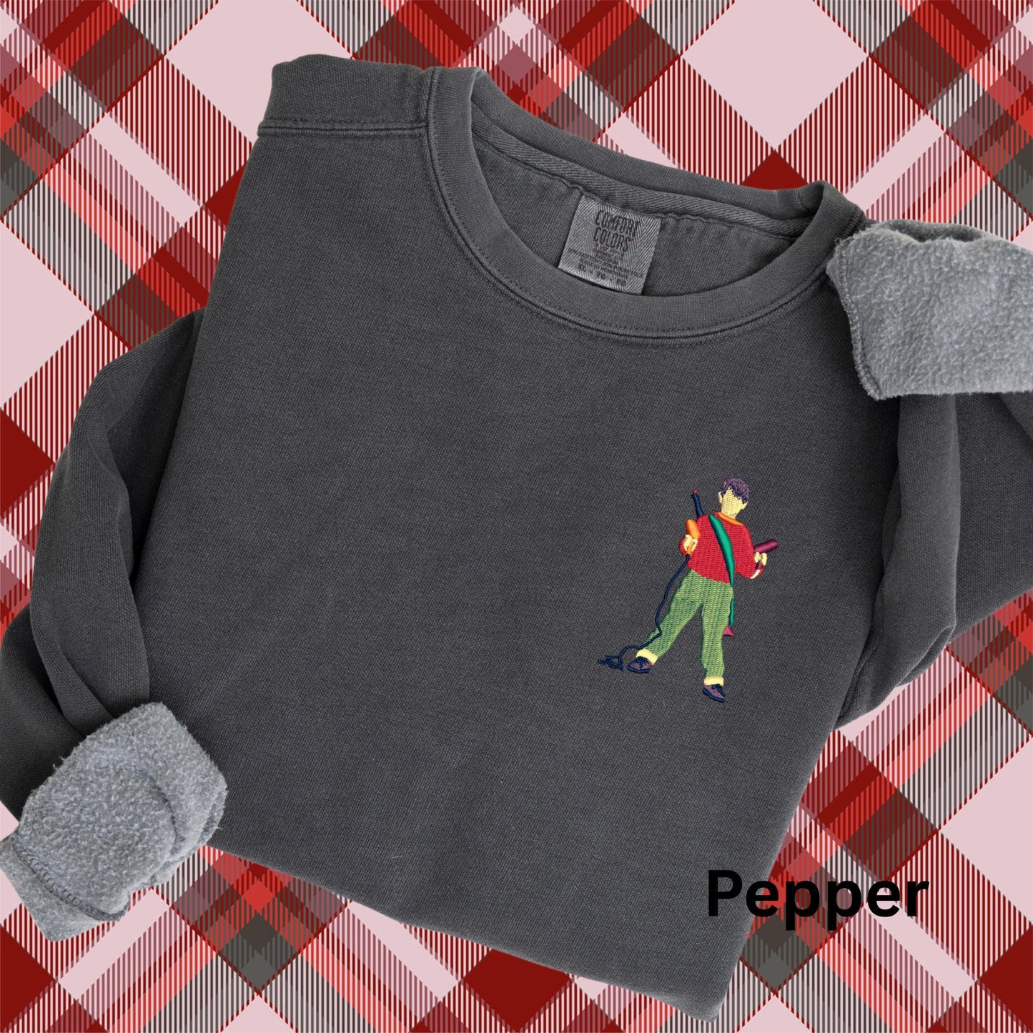 Embroidered Home Alone Movie Pigment Dyed Crewneck Sweatshirt: Minimalist Kevin Christmas Pullover