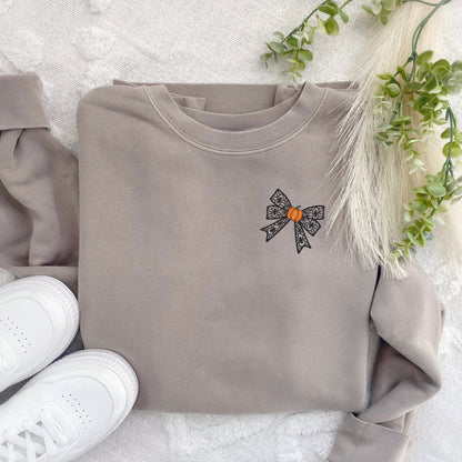 Halloween Coquette Sweatshirt: Embroidered Lacey Spider Bow & Pumpkin - Pigment Dyed
