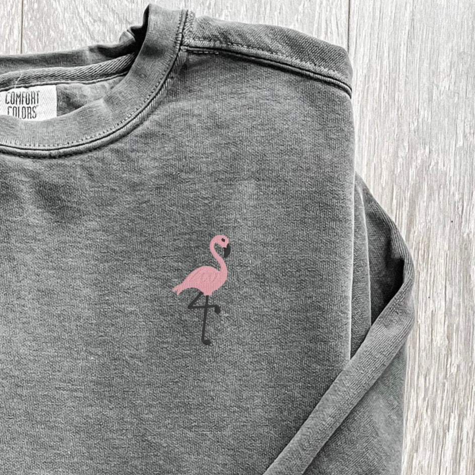 Embroidered Beach Flamingo Pigment Dyed Crewneck Sweatshirt