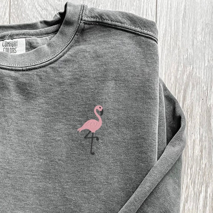 Embroidered Beach Flamingo Pigment Dyed Crewneck Sweatshirt