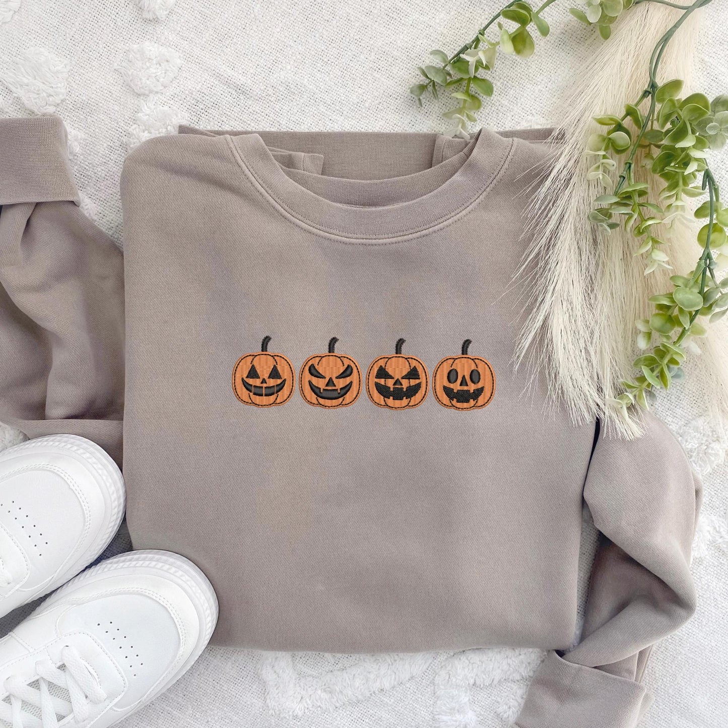 Embroidered Jack O'Lantern Sweatshirt: Pigment Dyed Halloween Pumpkins Pullover