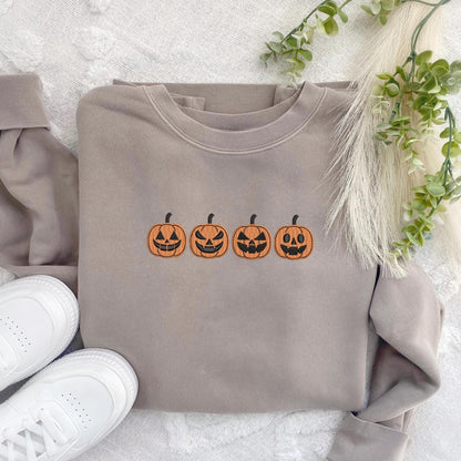 Embroidered Jack O'Lantern Sweatshirt: Pigment Dyed Halloween Pumpkins Pullover