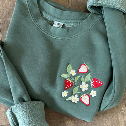 Embroidered Strawberry Field Sweatshirt: Pigment Dyed Crewneck Pullover
