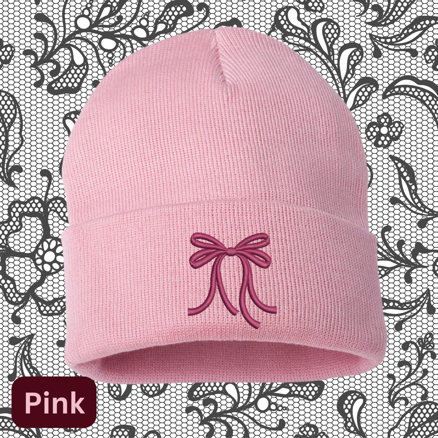 Embroidered Bow Beanie: Coquette Mini Pink Bow Skull Hat