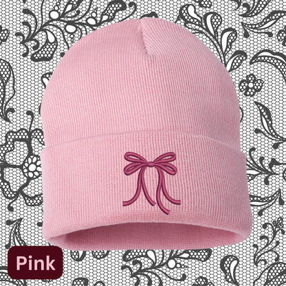 Embroidered Bow Beanie: Coquette Mini Pink Bow Skull Hat
