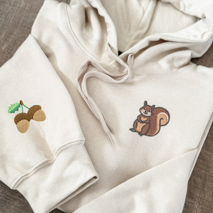 Embroidered Squirrel Hoodie: Acorn Sleeve, Animal Lover Gift