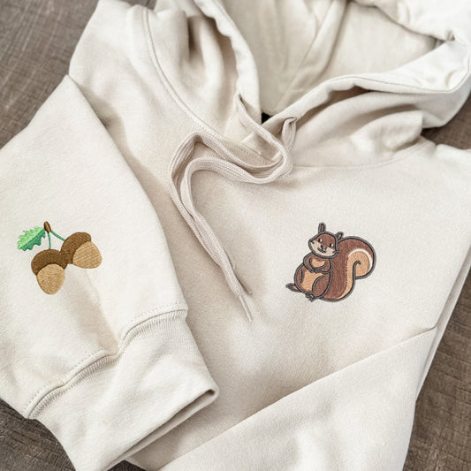 Embroidered Squirrel Hoodie: Acorn Sleeve, Animal Lover Gift