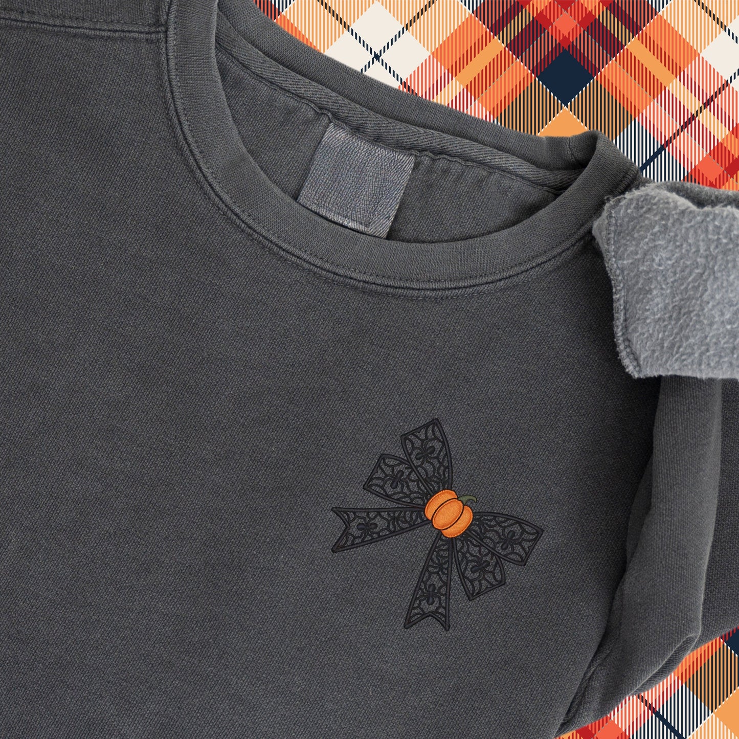Halloween Coquette Sweatshirt: Embroidered Lacey Spider Bow & Pumpkin - Pigment Dyed