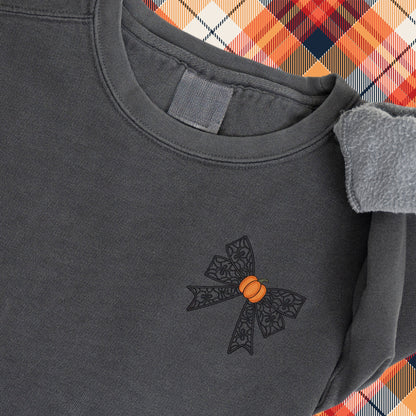 Halloween Coquette Sweatshirt: Embroidered Lacey Spider Bow & Pumpkin - Pigment Dyed