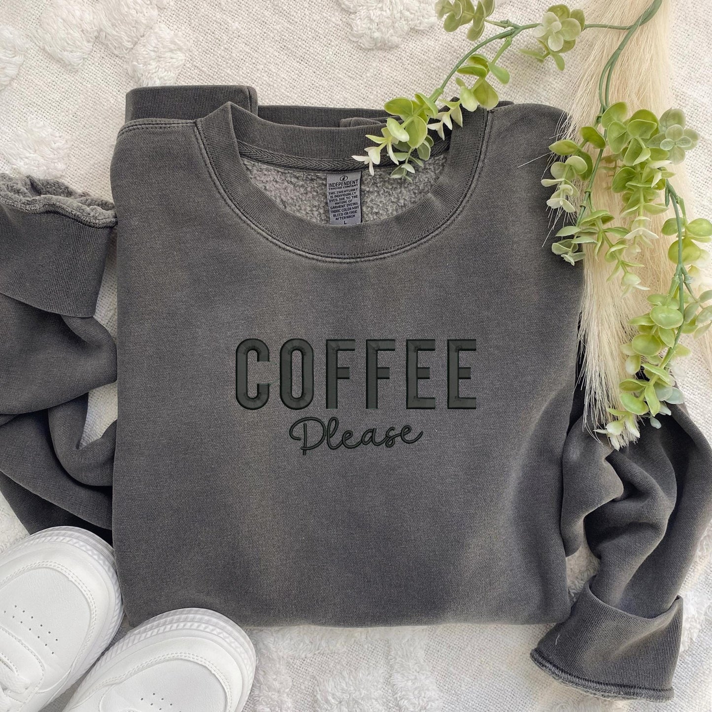 Embroidered Coffee Please Sweatshirt: Pigment-Dyed Java Pullover