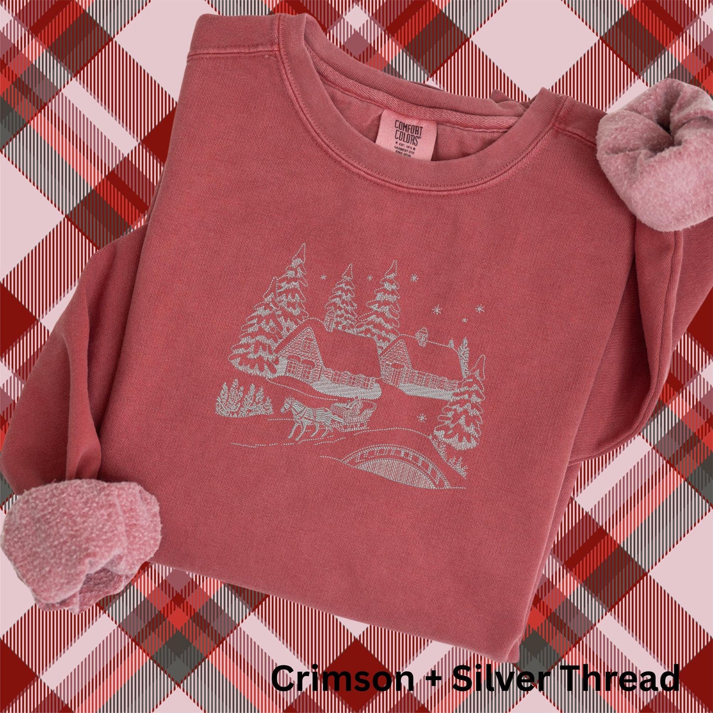 Embroidered Winter Scene Crewneck Sweatshirt: Stitched Christmas Village Pigment-Dyed Pullover