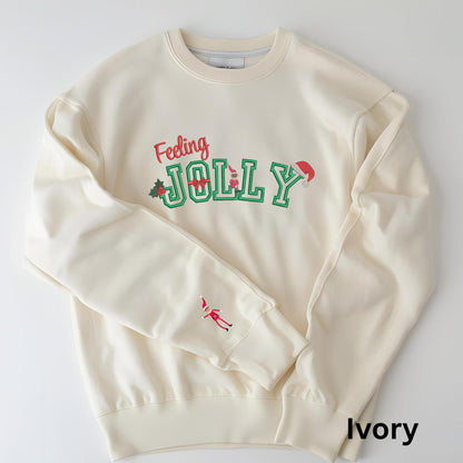 Embroidered Feeling Jolly Pigment Dyed Crewneck Sweatshirt: Trendy Festive Christmas Pullover