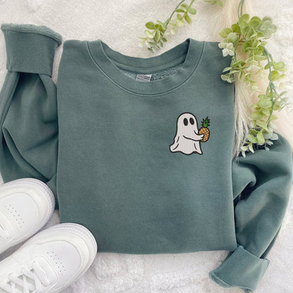 Embroidered Ghost Carrying Pineapple Pigment Dyed Crewneck Sweatshirt