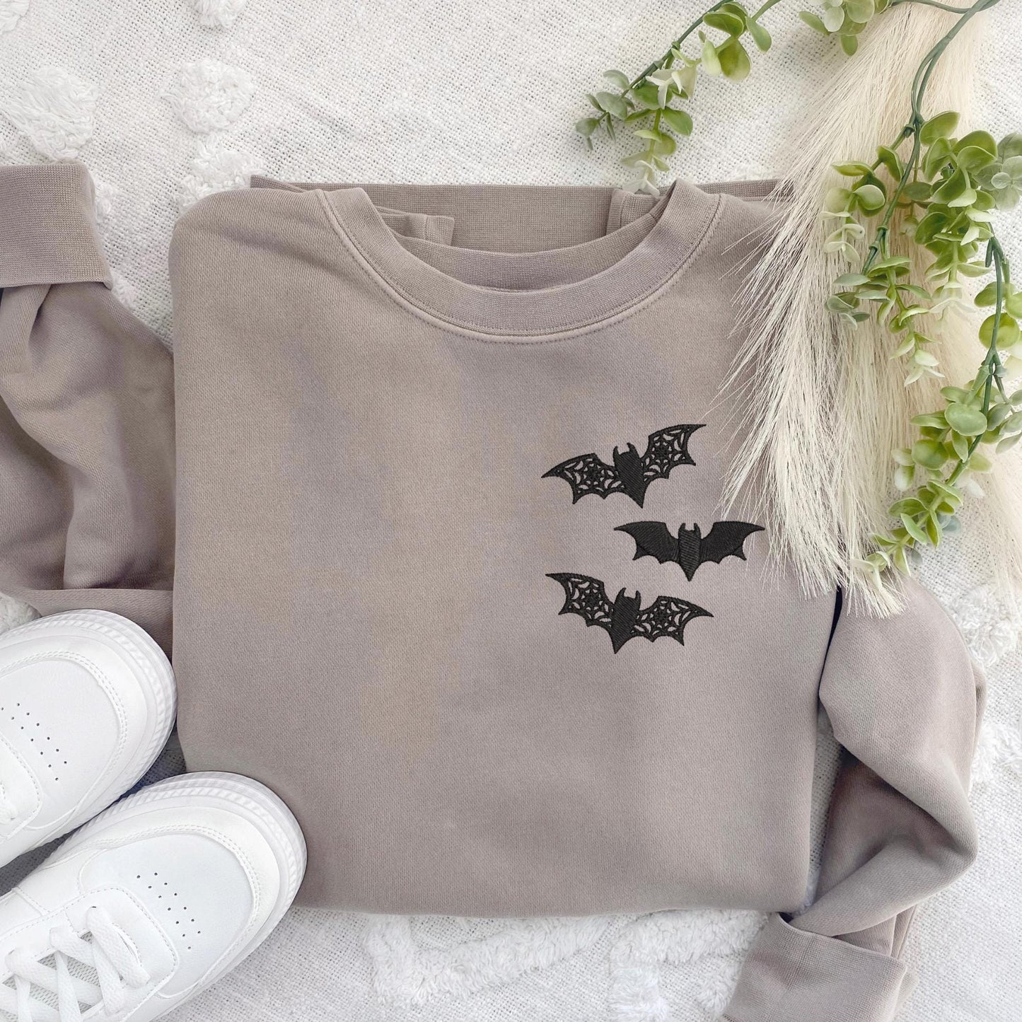 Embroidered Bat Sweatshirt: Lacey Goth Crewneck, Pigment-Dyed Cotton Blend