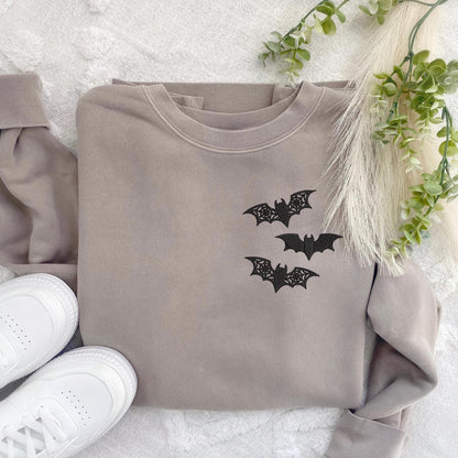 Embroidered Bat Sweatshirt: Lacey Goth Crewneck, Pigment-Dyed Cotton Blend