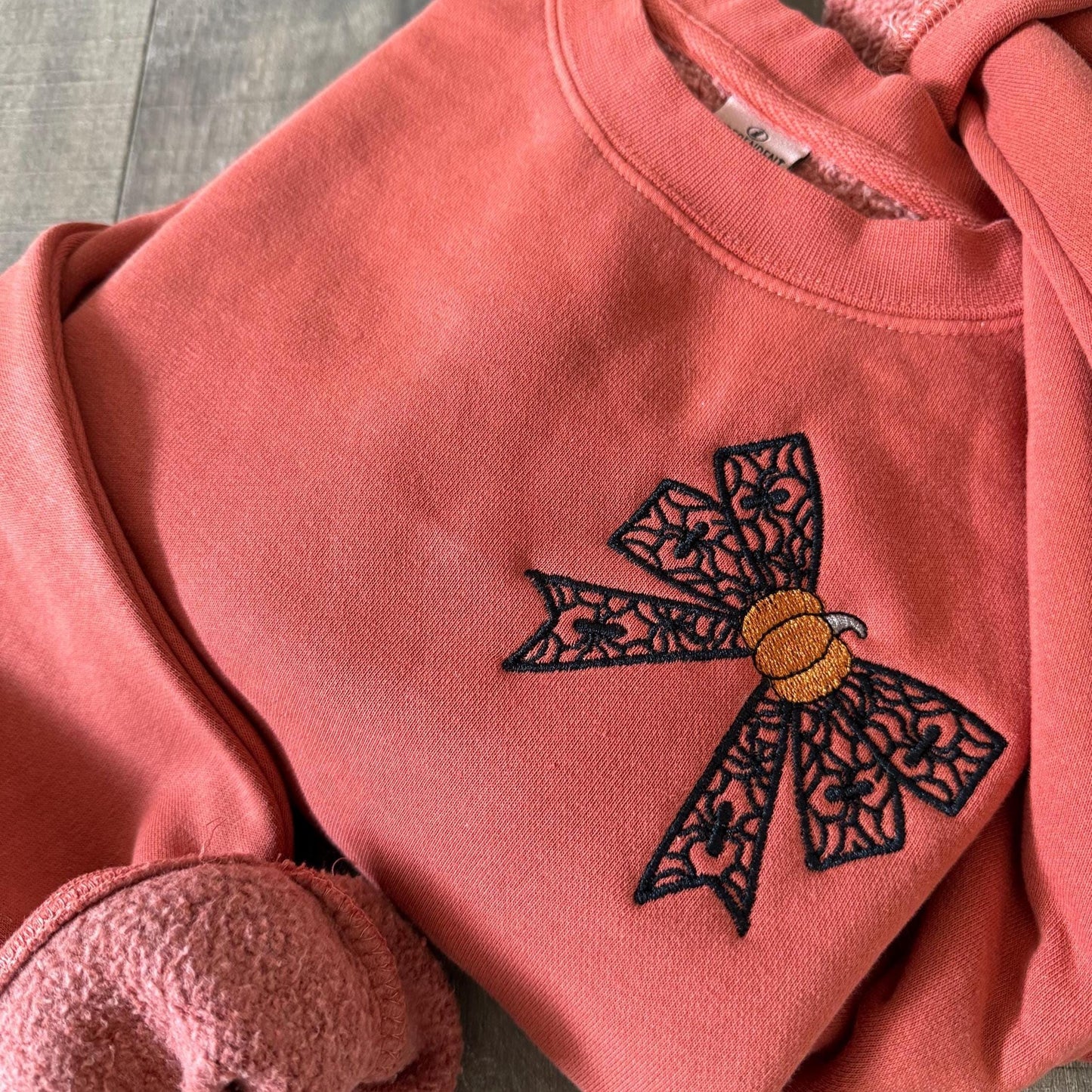 Halloween Coquette Sweatshirt: Embroidered Lacey Spider Bow & Pumpkin - Pigment Dyed