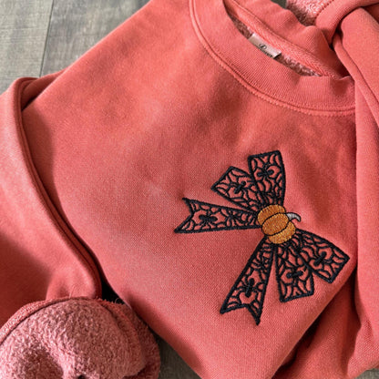 Halloween Coquette Sweatshirt: Embroidered Lacey Spider Bow & Pumpkin - Pigment Dyed