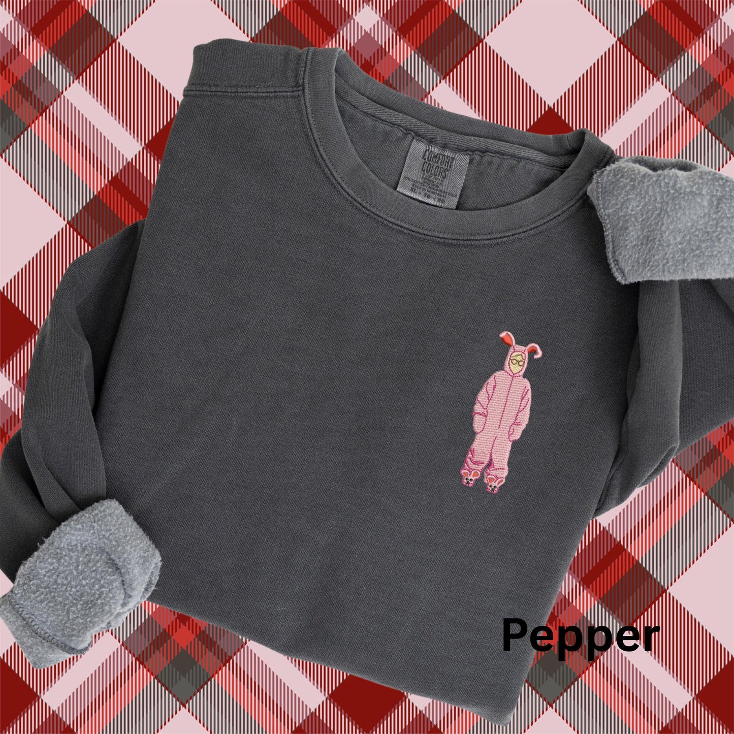 Embroidered Christmas Story Pigment Dyed Crewneck Sweatshirt: A Christmas Story Ralphie in Pink Bunny Costume