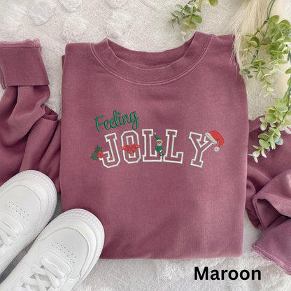 Embroidered Feeling Jolly Pigment Dyed Crewneck Sweatshirt: Trendy Festive Christmas Pullover