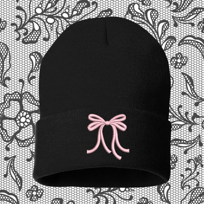 Embroidered Bow Beanie: Coquette Mini Pink Bow Skull Hat