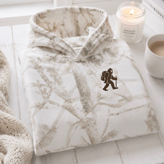 Unisex Bigfoot Embroidered Hoodie, White Oak Camo Pullover, Sasquatch Hiking Apparel