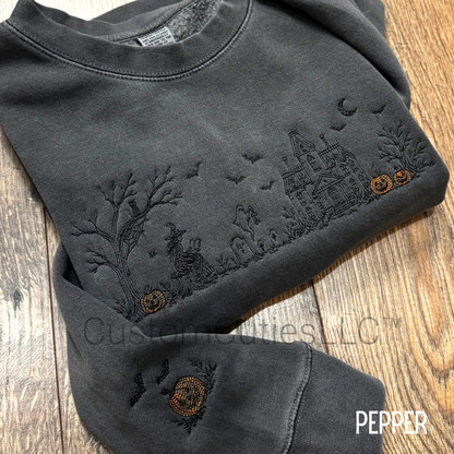 Embroidered Haunted Manor Halloween Crewneck Sweatshirt: Pigment Dyed Sketched Line Art Pullover