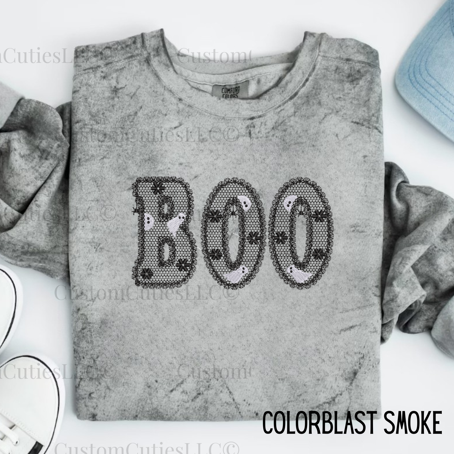 Embroidered Lacey Boo Crewneck Sweatshirt: Pigment Dyed Halloween Coquette Sweater