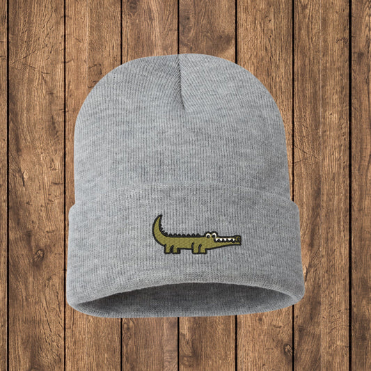 Embroidered Crocodile Beanie: Knit Alligator Winter Hat